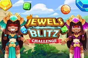 To figurer i maya-inspirert drakt står ved siden av teksten Jewels Blitz Challenge med fargerike juveler rundt