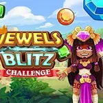 To figurer i maya-inspirert drakt står ved siden av teksten Jewels Blitz Challenge med fargerike juveler rundt