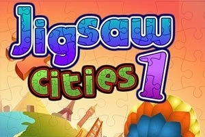 Fargerik illustrasjon med teksten Jigsaw Cities 1 i fremtredende stil foran en bysilhuett med forskjellige landemerker