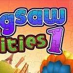 Fargerik illustrasjon med teksten Jigsaw Cities 1 i fremtredende stil foran en bysilhuett med forskjellige landemerker