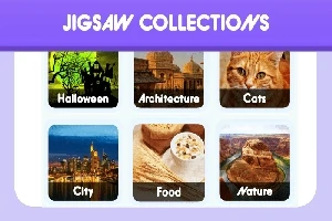 Jigsaw-samlinger med seks forskjellige kategorier: Halloween, arkitektur, katter, by, mat og natur