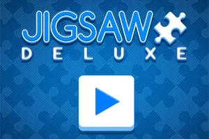 Teksten Jigsaw Deluxe med et puslespill-brikke-ikon på en blå bakgrunn med en stor hvit spilleknapp