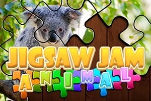 En koala som titter gjennom en uferdig puslespillramme med fargerike brikker og teksten Jigsaw Jam Animal i lyse bokstaver