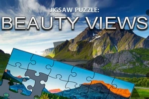 Fjellandskap med puslespillbrikker i forgrunnen og teksten Jigsaw Puzzle: Beauty Views