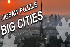 Eiffeltårnet i Paris mot en rød solnedgang med teksten Jigsaw Puzzle Big Cities og puslespillbrikker