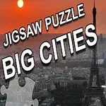 Eiffeltårnet i Paris mot en rød solnedgang med teksten Jigsaw Puzzle Big Cities og puslespillbrikker