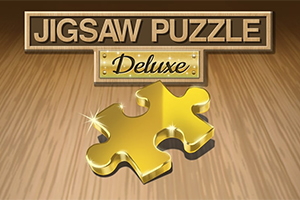 Trebakgrunn med skinnende gull puslespillbrikke og teksten Jigsaw Puzzle Deluxe