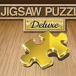 Trebakgrunn med skinnende gull puslespillbrikke og teksten Jigsaw Puzzle Deluxe