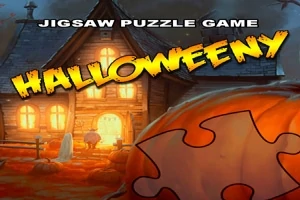 Et opplyst hus i en halloween-setting med et puslespillbrikke-mønster i forgrunnen