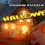 Et opplyst hus i en halloween-setting med et puslespillbrikke-mønster i forgrunnen