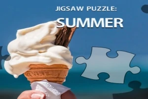 En hånd som holder en iskjeks med vaniljeis og sjokoladebit foran en blå bakgrunn med teksten Jigsaw Puzzle: Summer