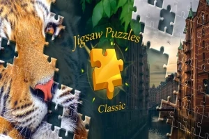 En puslespillcollage med et nærbilde av en tiger og en by langs en kanal, med teksten Jigsaw Puzzles Classic