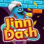 Blå ånd med en turban ved siden av teksten Jinn Dash, fargerike mursteinsblokker og en ball i bevegelse