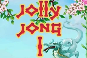 Tekst Jolly Jong 1 i røde bokstaver med gul kant på en himmelblå bakgrunn med blomstrende greiner og en stilisert drage