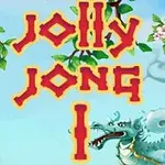 Tekst Jolly Jong 1 i røde bokstaver med gul kant på en himmelblå bakgrunn med blomstrende greiner og en stilisert drage