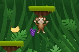 Jolly Jumper En tegneserieape i en jungel omringet av blader, med en banan og druer i nærheten