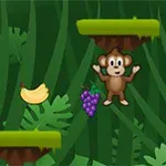 Jolly Jumper En tegneserieape i en jungel omringet av blader, med en banan og druer i nærheten