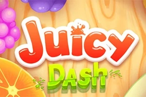 Fargerik logo med fruktmotiv som inneholder druer og sitrusskiver på en treoverflate, med teksten Juicy Dash