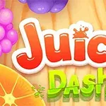 Fargerik logo med fruktmotiv som inneholder druer og sitrusskiver på en treoverflate, med teksten Juicy Dash