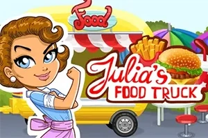 Tegnet kvinne foran en fargerik matbil med skiltet Julias Food Truck og illustrasjoner av pommes frites og hamburger