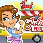 Tegnet kvinne foran en fargerik matbil med skiltet Julias Food Truck og illustrasjoner av pommes frites og hamburger