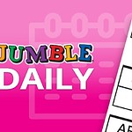 Fargerik tekst med Jumble Daily over en rosa bakgrunn ved siden av et delvis synlig ordpuslespill