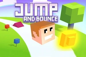 En stilisert kubisk karakter og gullmynt på en hvit vei med trær og fargerike kuber i bakgrunnen, med teksten JUMP AND BOUNCE øverst