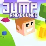 En stilisert kubisk karakter og gullmynt på en hvit vei med trær og fargerike kuber i bakgrunnen, med teksten JUMP AND BOUNCE øverst
