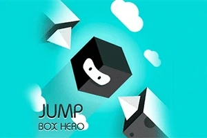 En svart kube med et ansikt svever blant skyer på en turkis bakgrunn, med teksten Jump Box Hero nederst til venstre
