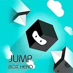En svart kube med et ansikt svever blant skyer på en turkis bakgrunn, med teksten Jump Box Hero nederst til venstre