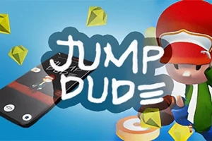 En tegneseriefigur med rød lue og mobilenhet mot blå bakgrunn, omringet av svevende gule diamanter og teksten Jump Dude