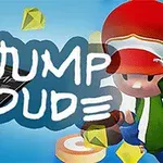 En tegneseriefigur med rød lue og mobilenhet mot blå bakgrunn, omringet av svevende gule diamanter og teksten Jump Dude