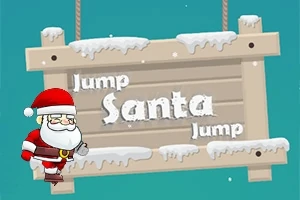 Julenissen står foran et treskilt med teksten Jump Santa Jump og snø på kantene