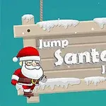 Julenissen står foran et treskilt med teksten Jump Santa Jump og snø på kantene