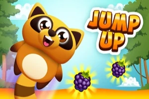 En tegneserieaktig vaskebjørn med store øyne hopper glad ved siden av noen lilla bær og teksten Jump Up mot en fargerik bakgrunn med trær og himmel
