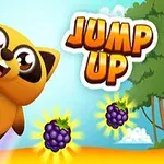 En tegneserieaktig vaskebjørn med store øyne hopper glad ved siden av noen lilla bær og teksten Jump Up mot en fargerik bakgrunn med trær og himmel