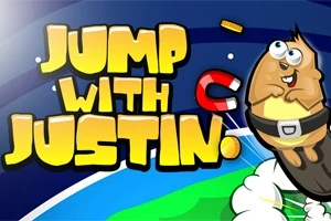 En illustrasjon av en tegneseriegnager med store øyne som hopper ved siden av teksten Jump with Justin på en blå bakgrunn
