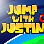 En illustrasjon av en tegneseriegnager med store øyne som hopper ved siden av teksten Jump with Justin på en blå bakgrunn