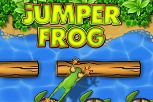 En tegnet frosk hopper på tømmerstokker over en elv under teksten Jumper Frog