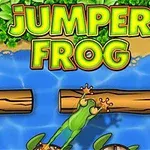 En tegnet frosk hopper på tømmerstokker over en elv under teksten Jumper Frog