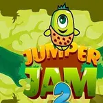 En grønn tegneserieaktig skapning med ett øye står over teksten Jumper Jam 2 på en fargerik bakgrunn