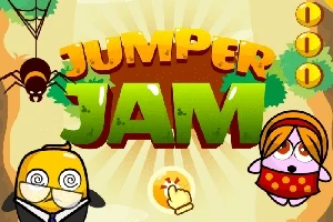 Fargerik tegning med teksten Jumper Jam, en edderkopp, to tegneseriefigurer og gullmynter mot en lys bakgrunn
