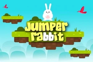 En tegneseriekanin sitter på en flytende, gressdekket plattform med ordene Jumper Rabbit foran en bakgrunn av blå himmel og flygende fugler