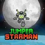 En grønn, romvesen-lignende figur hopper foran en stor fullmåne med teksten Jumper Starman i fargerike blokker nederst