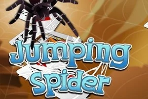 En stor edderkopp over tekst med ordene Jumping Spider på en bakgrunn av spillkort og edderkoppspinn