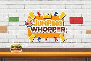 Burger King Jumping Whopper-logo på en murvegg med fargerike murstein og en hamburgermeny på en hylle