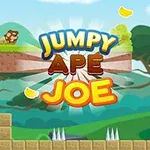 Tegnet landskap med jungeltema, en ape, fallende bananer, og teksten Jumpy Ape Joe