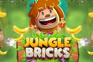 En tegneseriefigur med brunt hår smiler bredt, omgitt av bananer og lysegrønn jungeldekorasjon, med teksten Jungle Bricks nedenfor