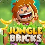 En tegneseriefigur med brunt hår smiler bredt, omgitt av bananer og lysegrønn jungeldekorasjon, med teksten Jungle Bricks nedenfor