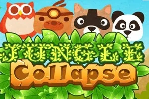 Ulike dyrefigurer med en ugle, ape, vaskebjørn og panda over teksten Jungle Collapse omgitt av grønne blader